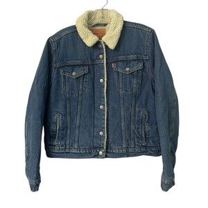 Woman's Size L Large Levis Strauss Denim Sherpa Lined Trucker Jacket Button Up